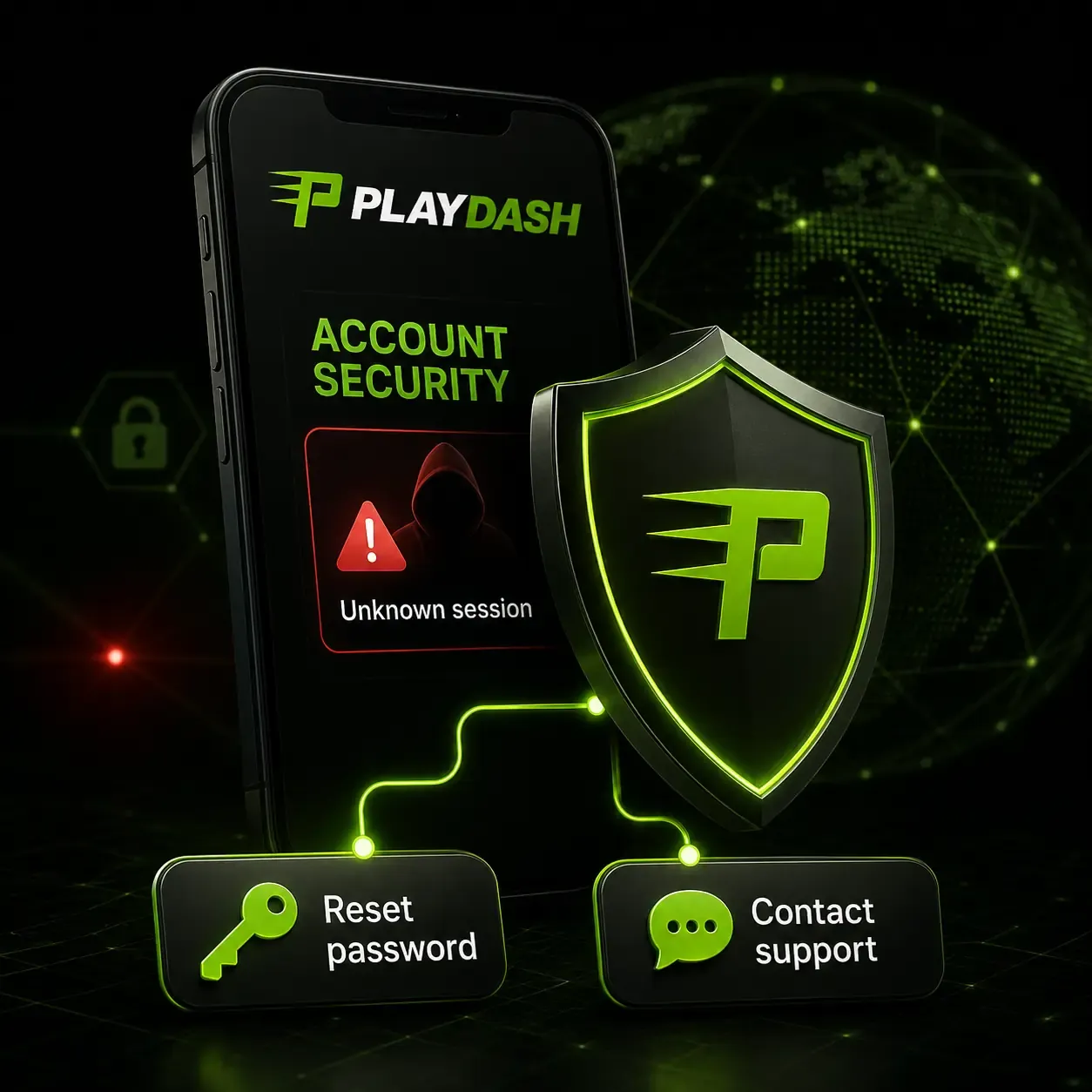 PLAYDASH account security alert showing an unknown session with reset password and contact support buttons