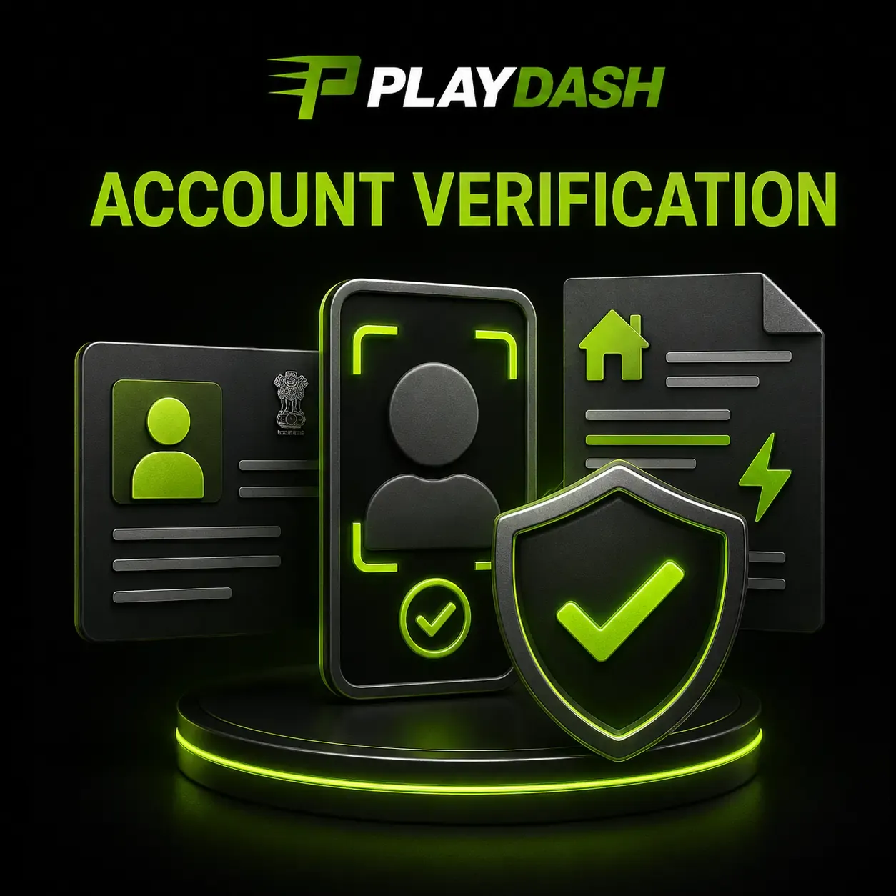 PLAYDASH 账户验证插图：身份证、自拍框、地址证明文件和勾选盾牌