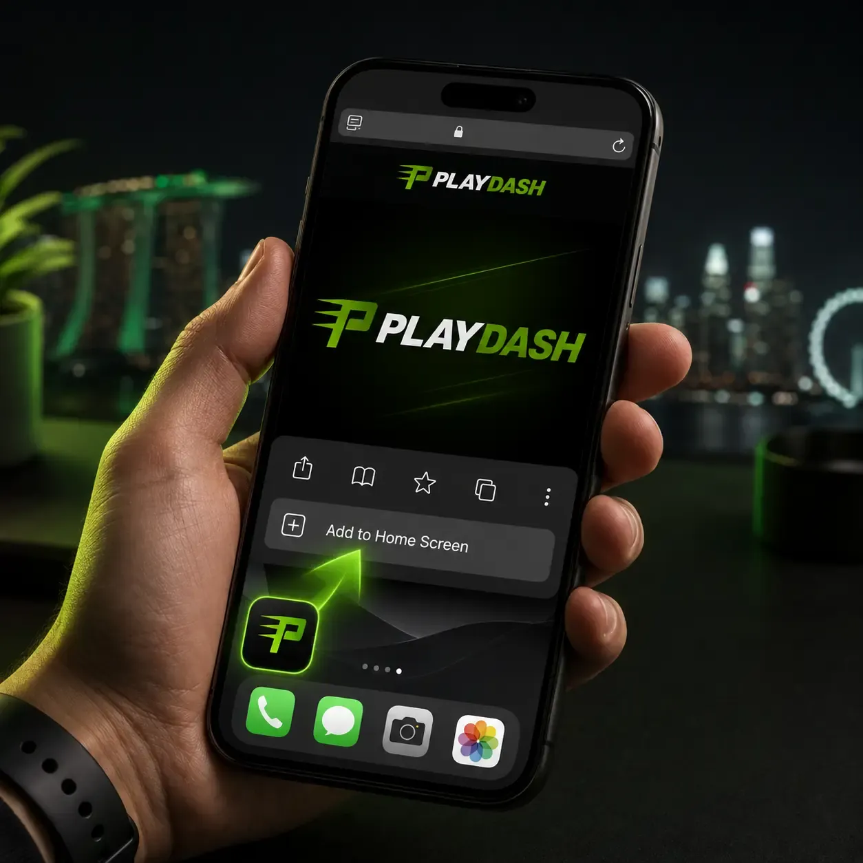 Phone browser menu showing Add to Home Screen for PLAYDASH, with the Singapore skyline at night behind it