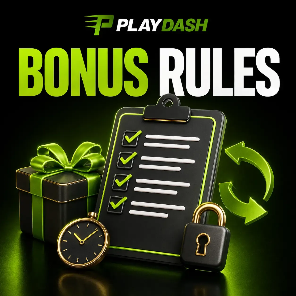 PLAYDASH bonus rules artwork: a checklist clipboard with a gift box, clock and padlock