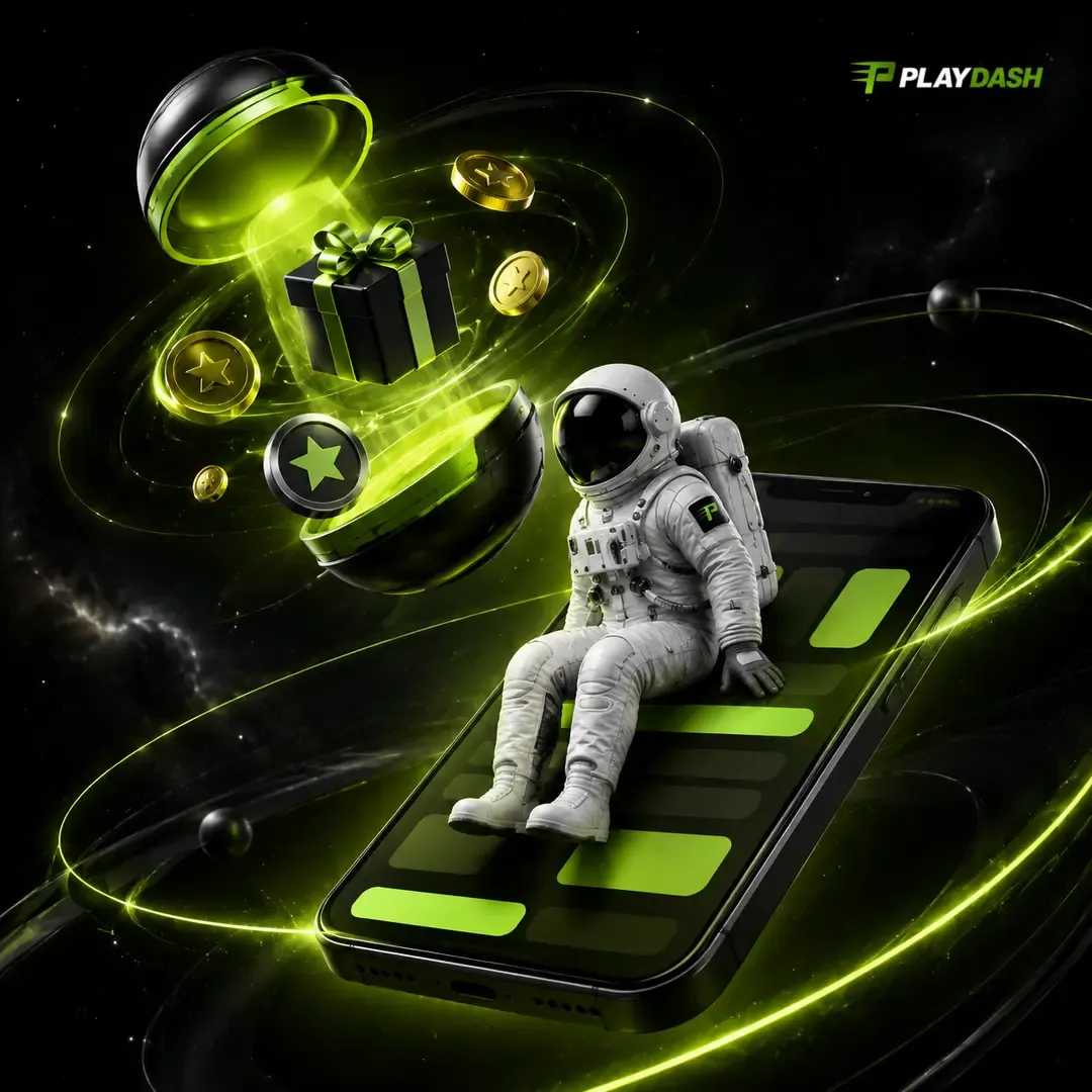 Astronaut sitting on a giant phone as a glowing reward capsule opens above with a gift and coins