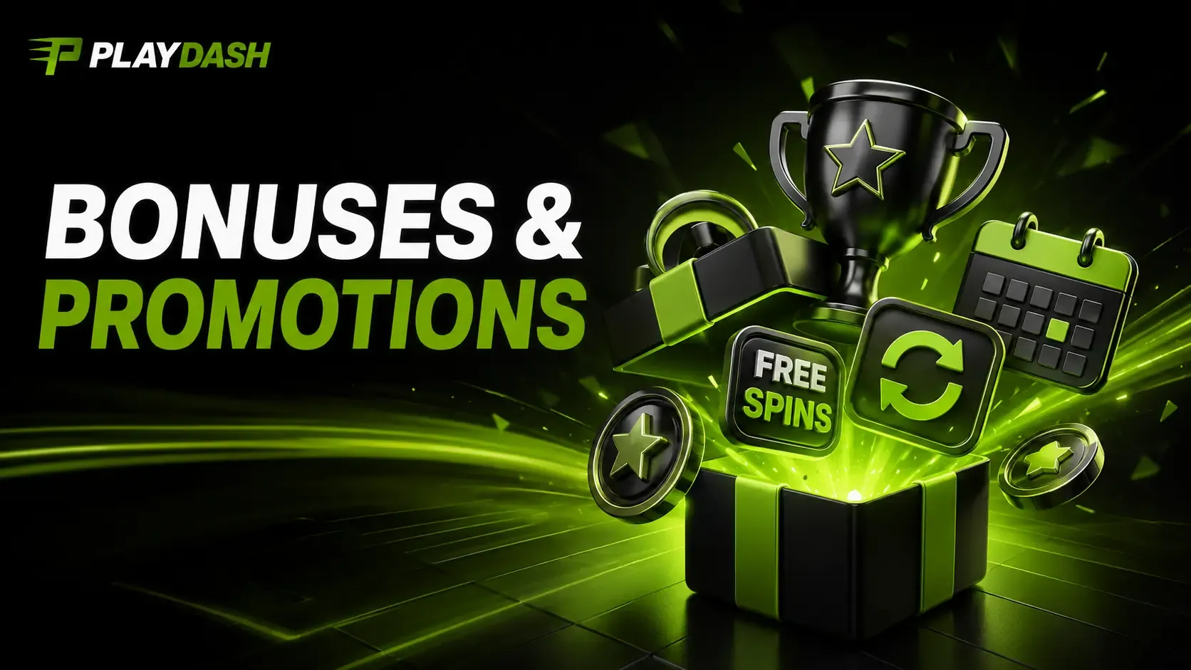 PLAYDASH bonuses and promotions artwork with a trophy, free spins tile, gift box and calendar