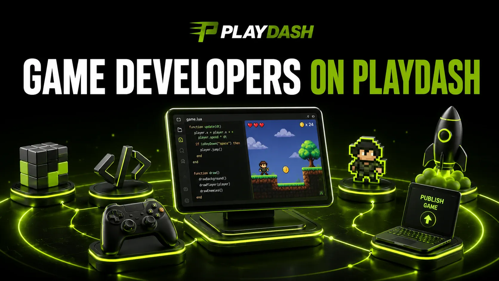 Game developers on PLAYDASH artwork with a coding screen, a pixel-art character, a controller and a rocket
