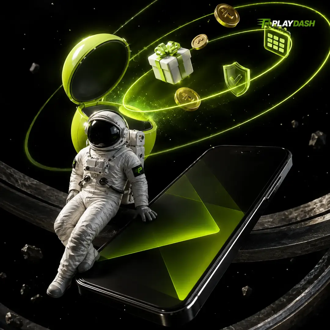 Astronaut sitting on a giant glowing smartphone surrounded by floating gifts, coins and a shield