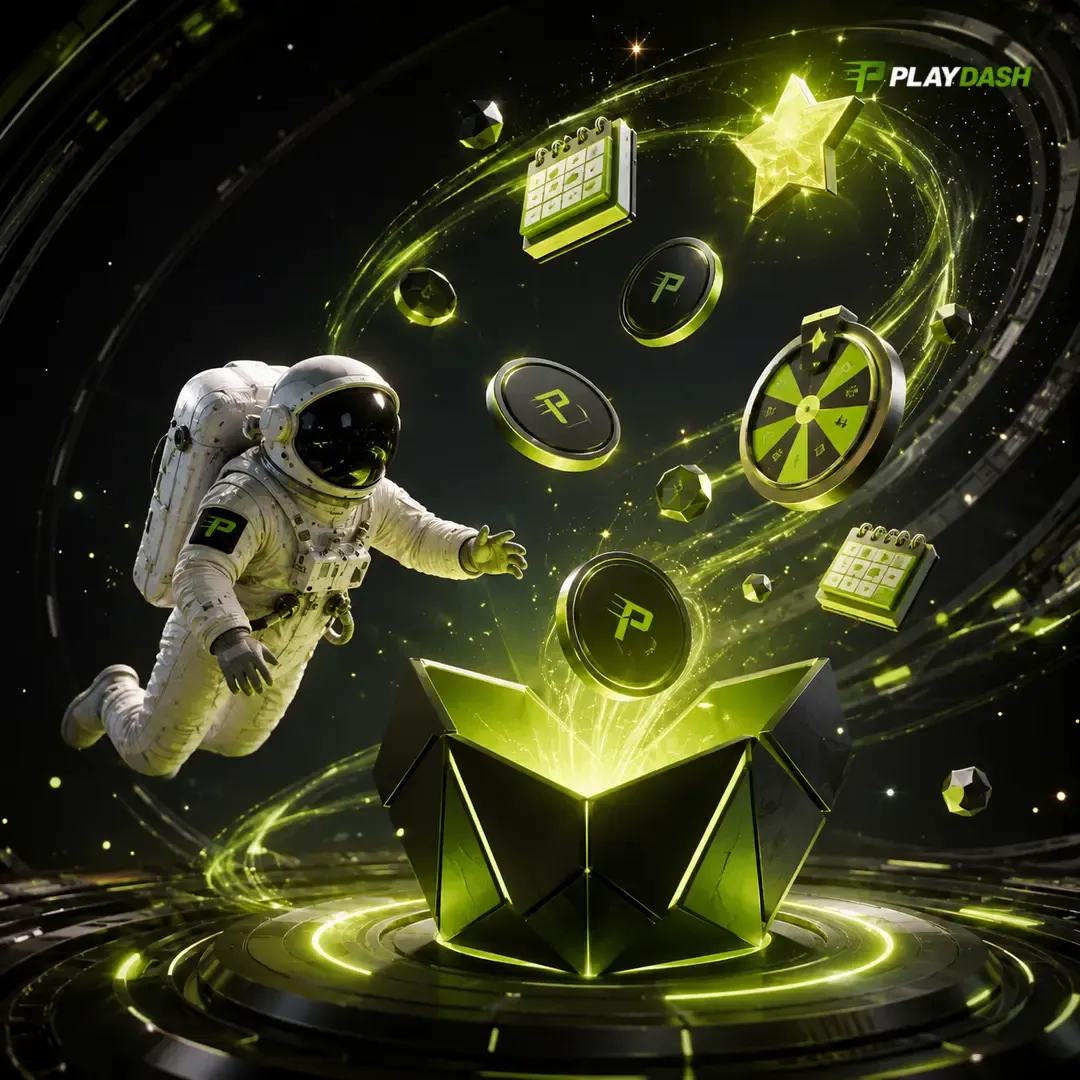 Astronaut floating above an open glowing reward box releasing coins, a star, a calendar and a prize wheel