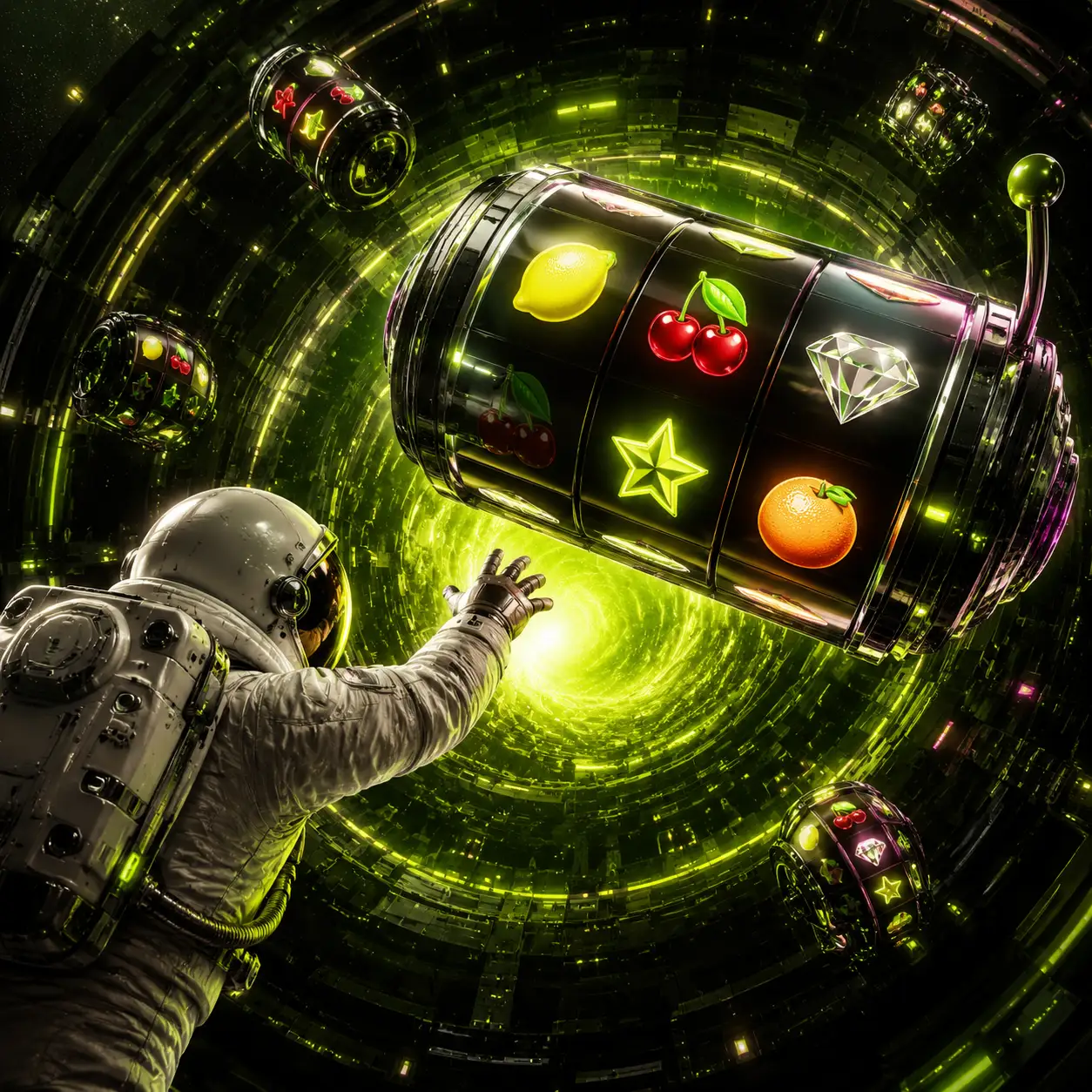 Astronaut reaching towards a giant glowing slot reel with cherries, a star, a diamond and fruit symbols