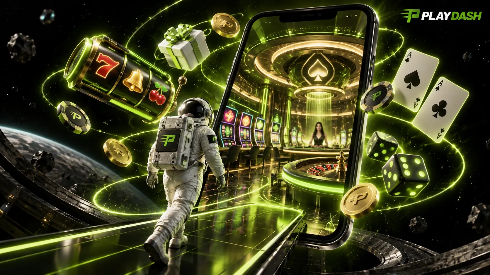 PLAYDASH 宇航员走进发光的娱乐场，周围是老虎机滚轴、扑克牌、骰子，手机屏幕上显示真人桌台