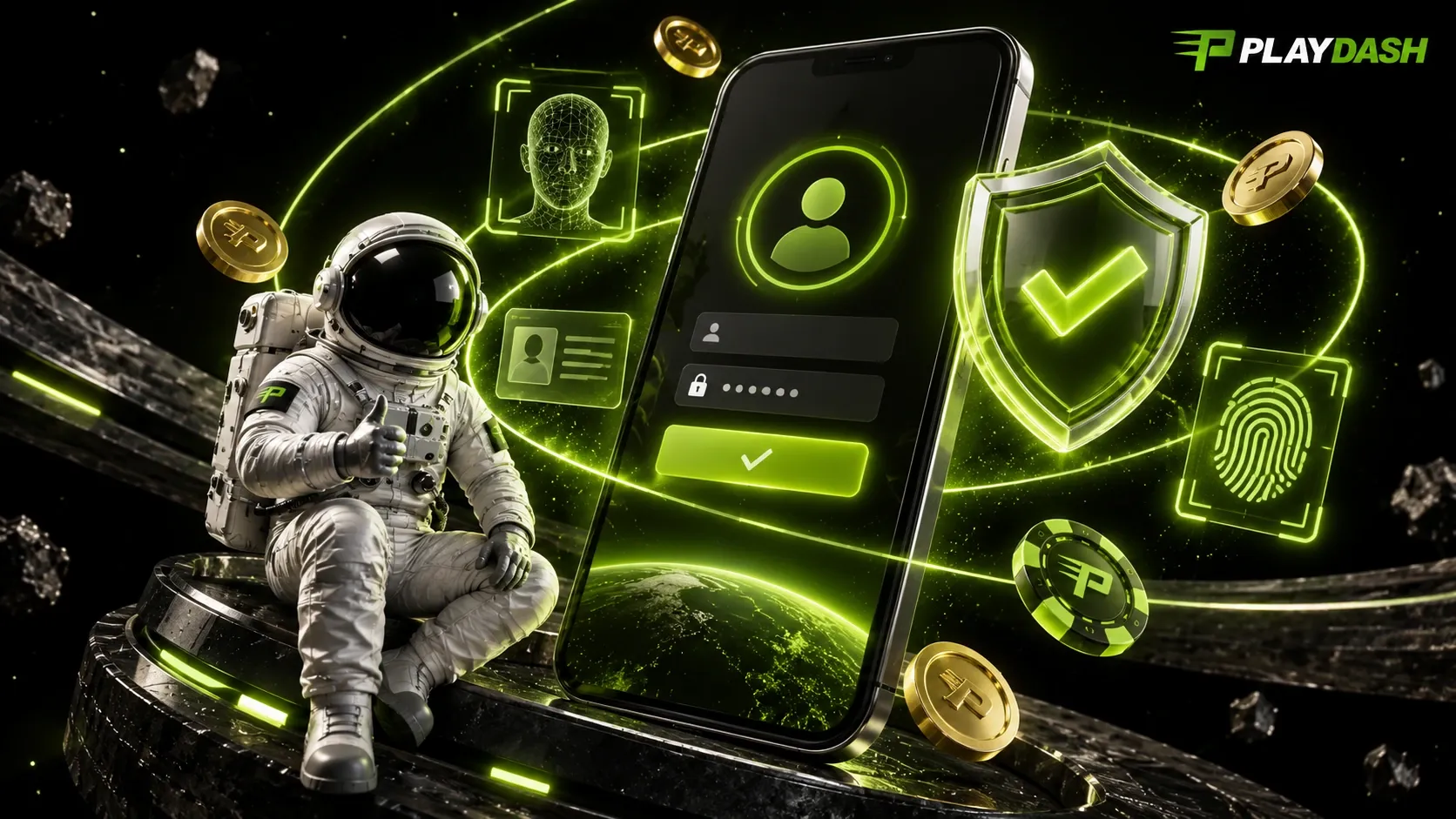Astronaut beside a large phone showing a PLAYDASH login form, a green check shield and a fingerprint panel
