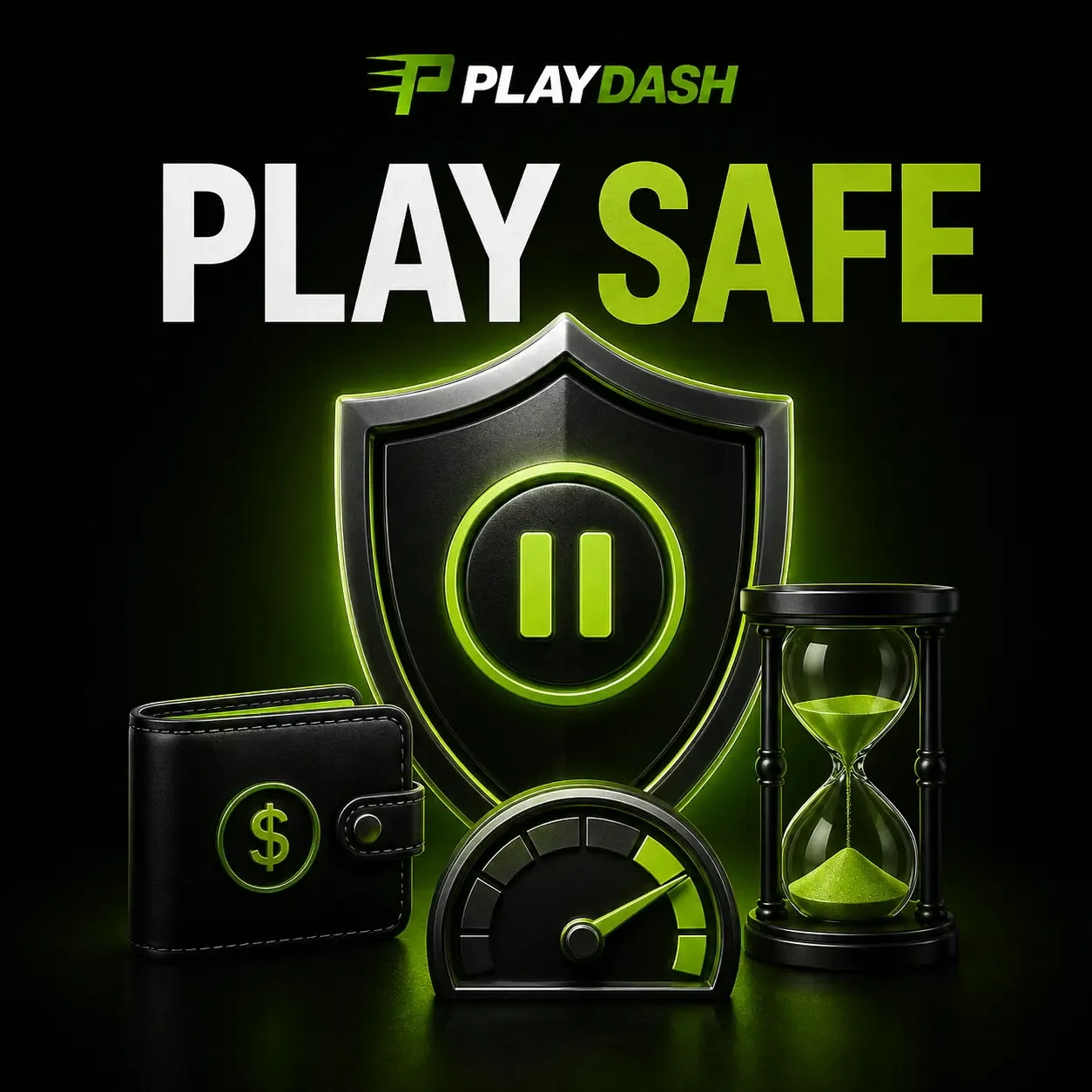 Play safe artwork: a shield with a pause symbol, a wallet, an hourglass and a gauge