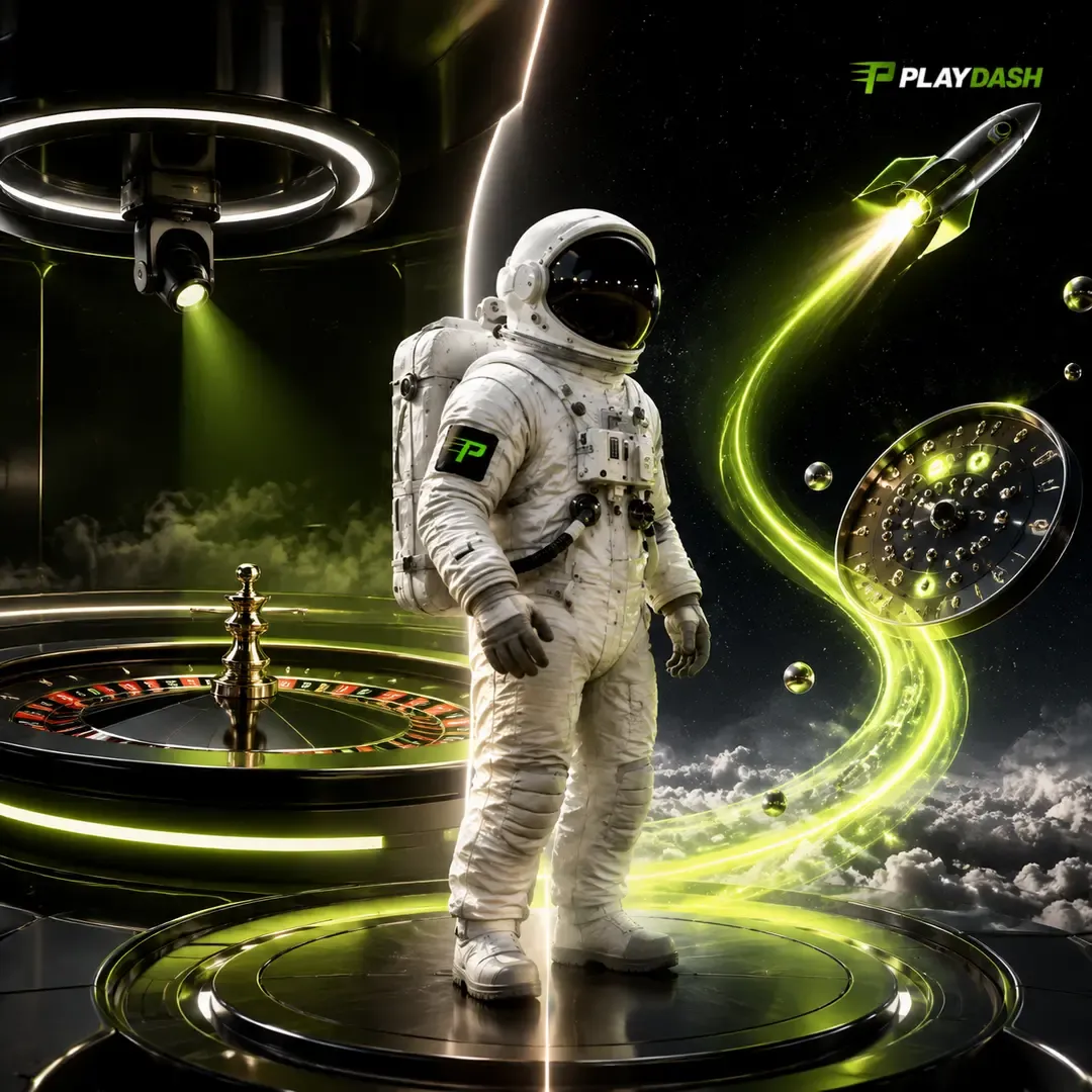 Astronaut standing beside a live roulette table under a studio light, with a fast-game rocket trail behind