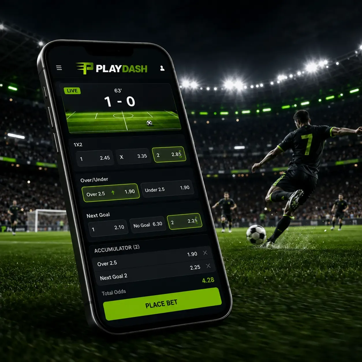 Live football betting on a PLAYDASH phone screen showing a 1–0 score, over/under and next-goal markets and a bet slip