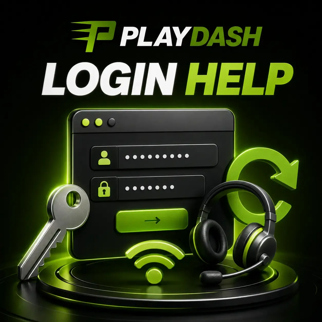PLAYDASH login help artwork with a password form, key and support headset