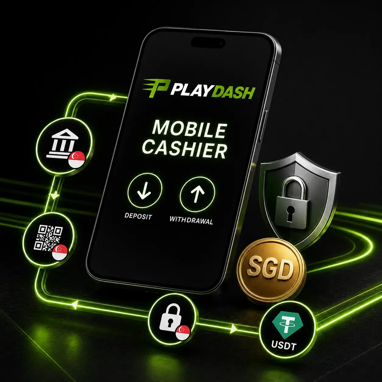 PLAYDASH mobile cashier with deposit and withdrawal, Singapore bank and QR icons, an SGD coin and USDT