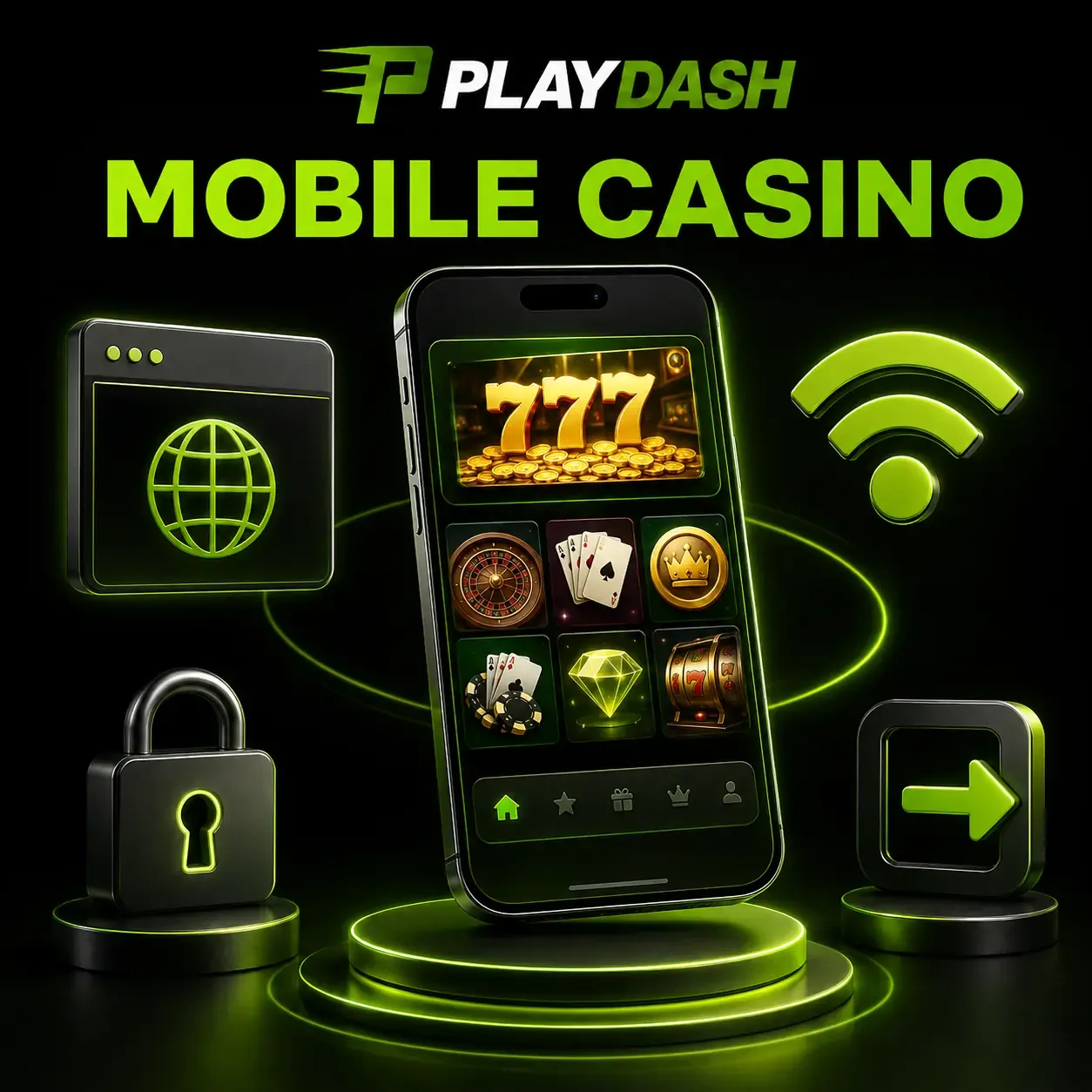 PLAYDASH mobile casino in a phone browser with slot, roulette and card tiles, a padlock and a Wi-Fi symbol