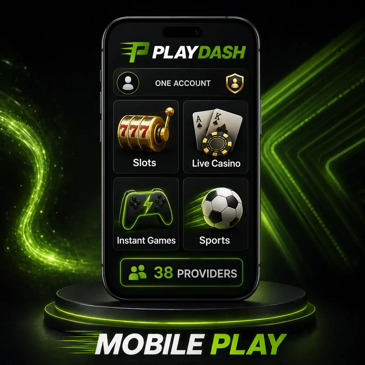 PLAYDASH mobile lobby with slots, live casino, instant games and sports tiles and a 38 providers badge
