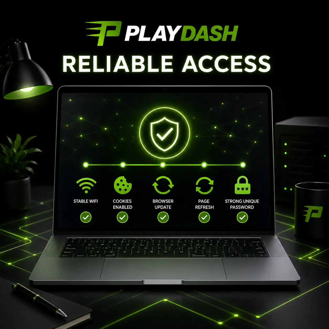 Laptop showing the checks for reliable PLAYDASH access: stable Wi-Fi, cookies enabled, browser update, page refresh and a strong password