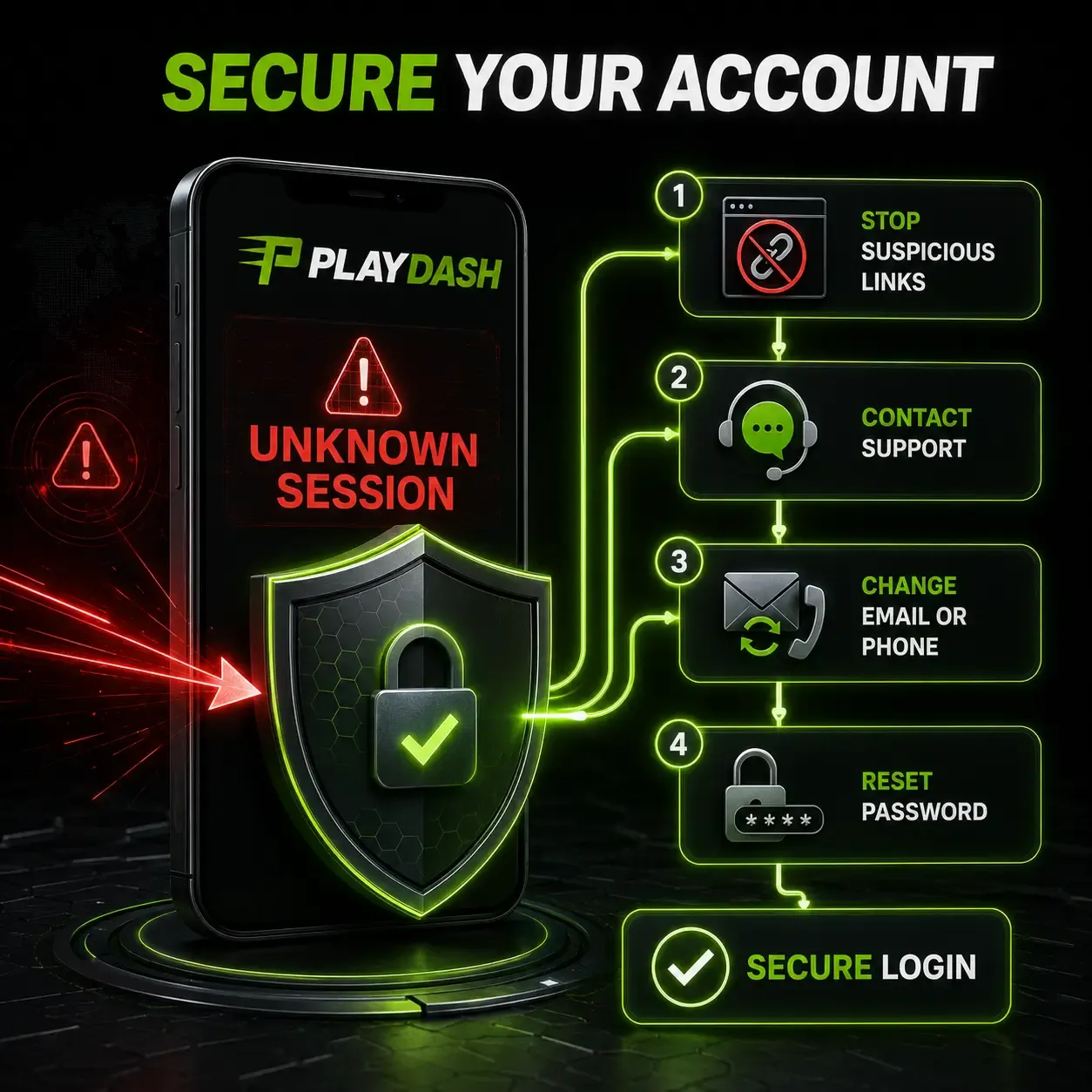 Secure your account steps: stop suspicious links, contact support, change email or phone, reset password and log in securely