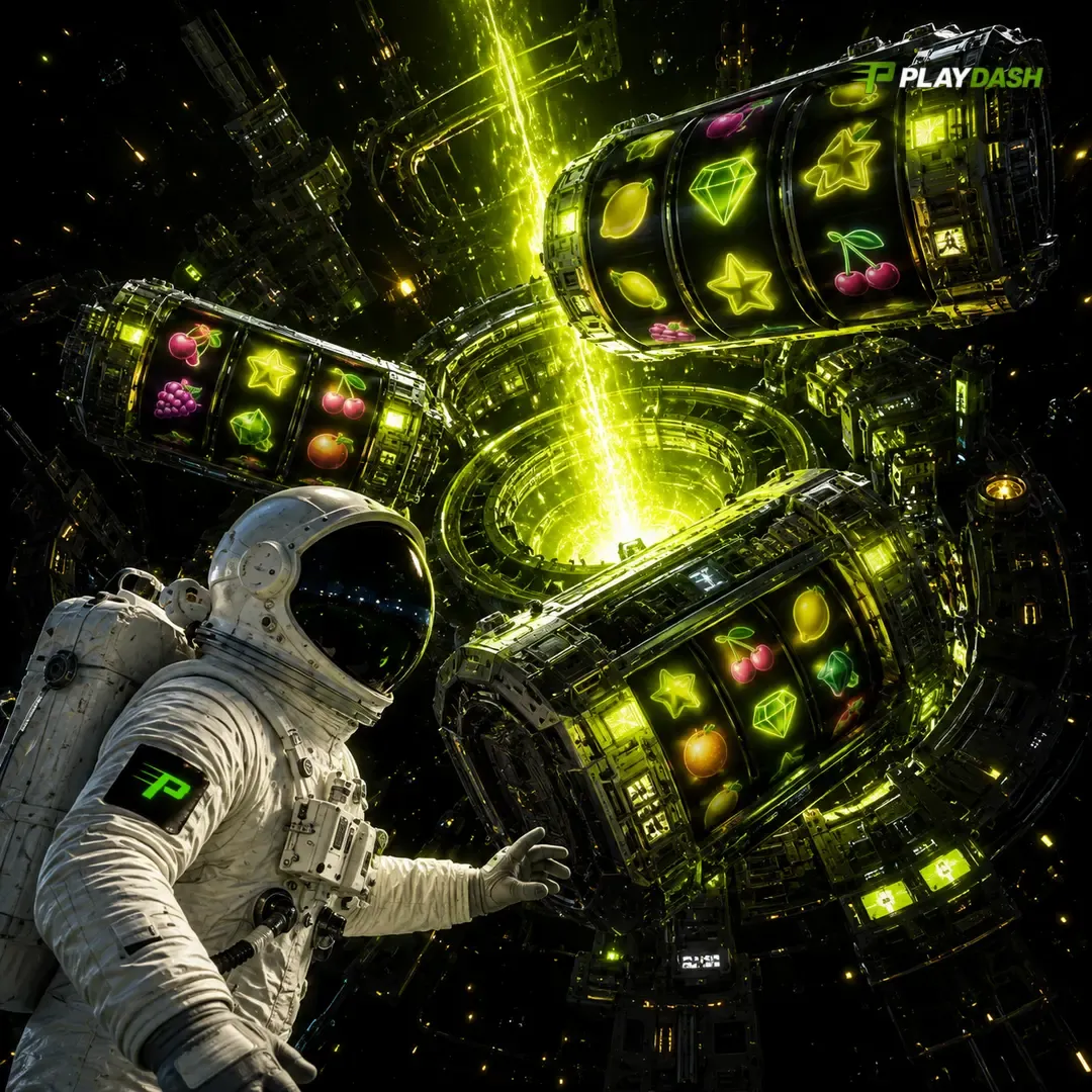 Astronaut floating among several glowing slot reels with fruit, gem and star symbols