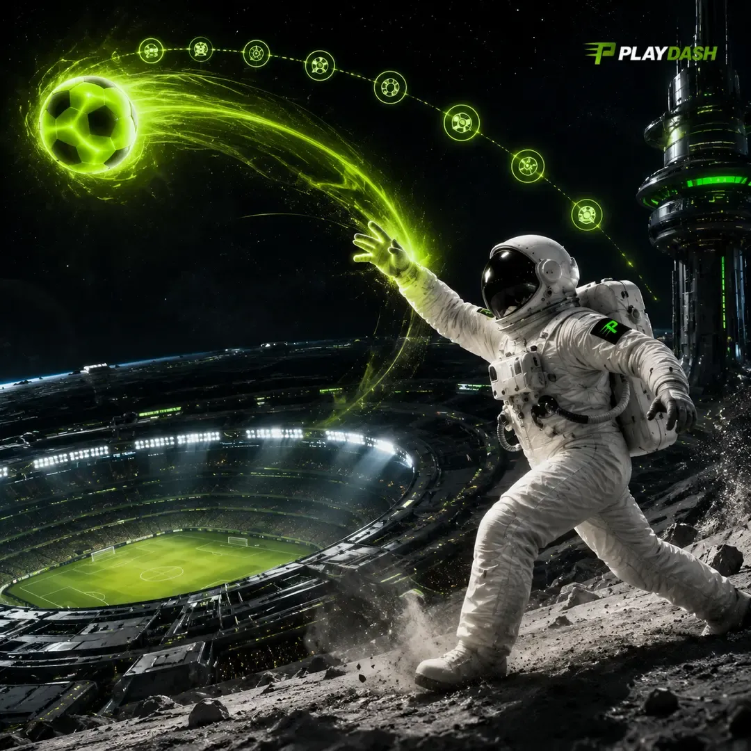 Astronaut striking a glowing football towards a futuristic stadium on the moon
