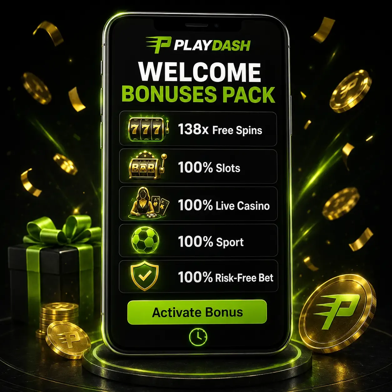 PLAYDASH Welcome Bonuses Pack phone screen: 138x free spins, 100% slots, 100% live casino, 100% sport and 100% risk-free bet with Activate Bonus