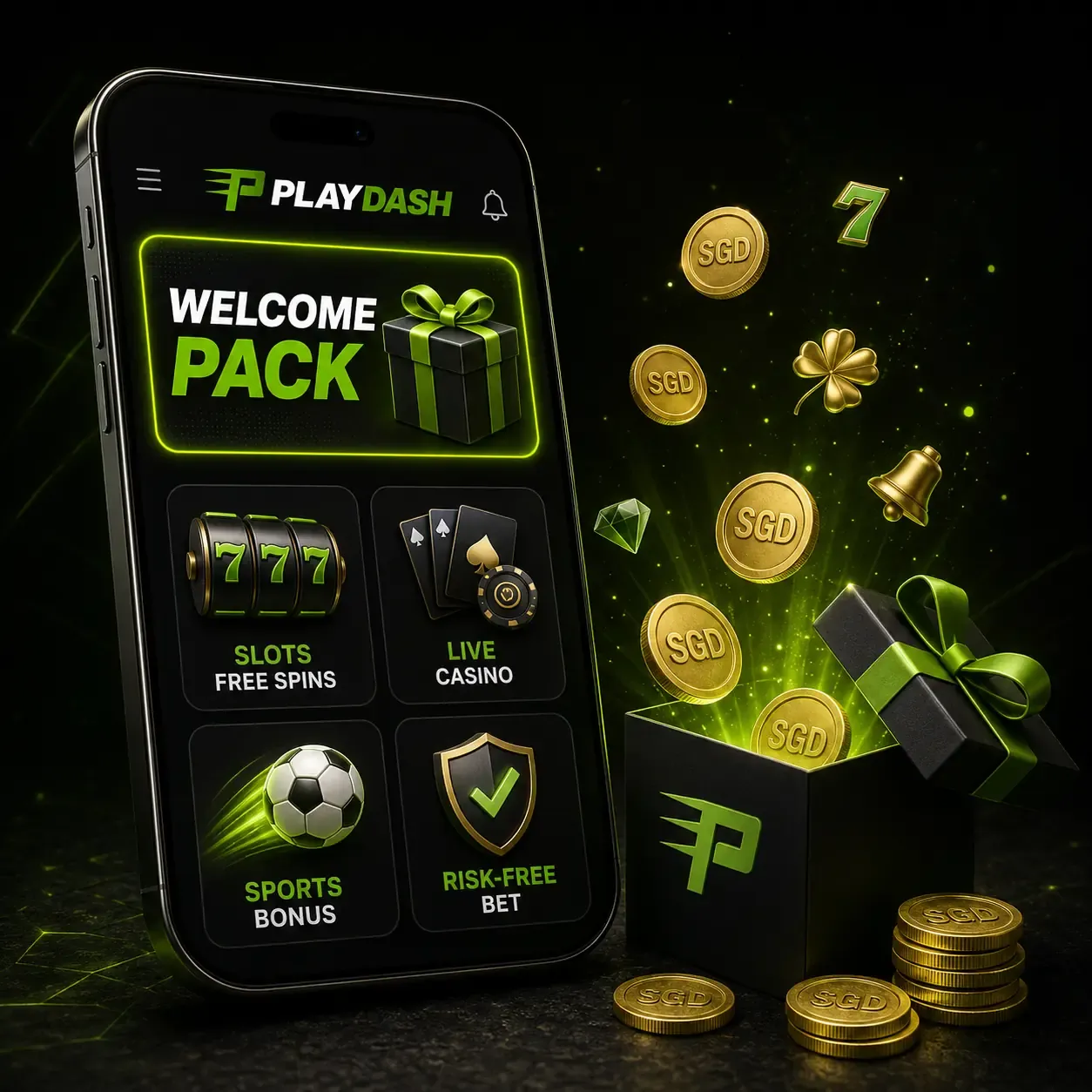 PLAYDASH Welcome Pack on a phone with slots free spins, live casino, sports bonus and risk-free bet tiles beside SGD coins